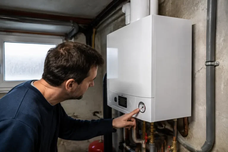 Propriétaire consultant le manomètre d'une moderne consommation chaudière gaz installée dans son appartement