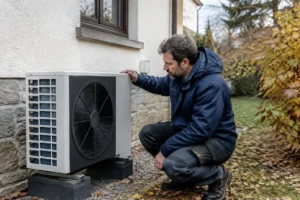 Technicien inspectant une installation de consommation pompe à chaleur près d'un mur extérieur de maison