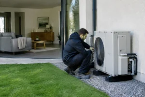 Technicien vérifiant l'installation d'une unité extérieure lors du fonctionnement pompe à chaleur dans une maison.