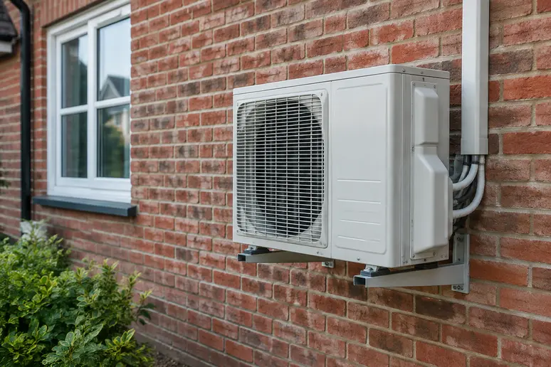 Unité extérieure d'une pompe à chaleur air air fixée sur un mur extérieur de maison