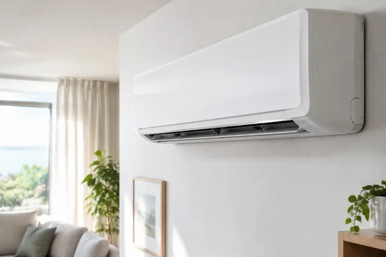 Unité intérieure murale d'une pompe à chaleur air air installée dans une pièce lumineuse