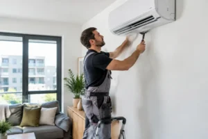 Technicien installant une pompe à chaleur air air dans un salon lumineux