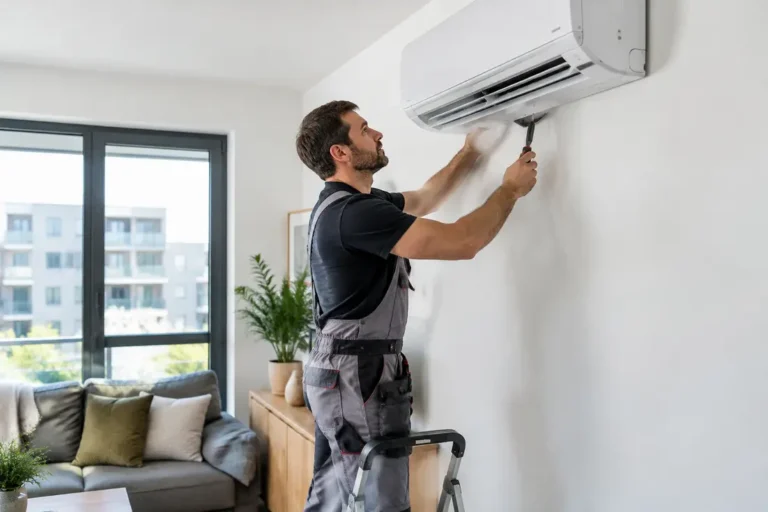 Technicien installant une pompe à chaleur air air dans un salon lumineux