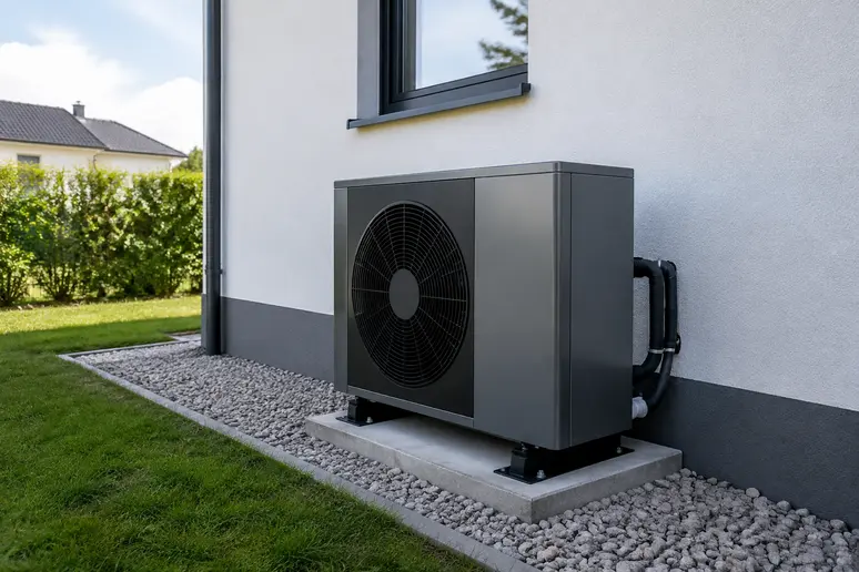 Unité extérieure d'une pompe à chaleur air eau installée contre un mur de maison