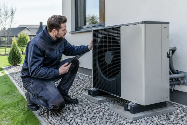 Technicien inspectant une pompe à chaleur air eau installée à l'extérieur d'une maison.