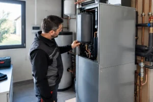 Un technicien inspecte l'installation d'une pompe à chaleur géothermique dans le local technique d'une maison.