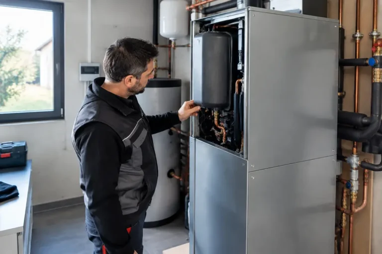 Un technicien inspecte l'installation d'une pompe à chaleur géothermique dans le local technique d'une maison.