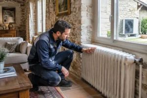 Un technicien vérifie un radiateur ancien lors de l'installation d'une pompe à chaleur maison ancienne