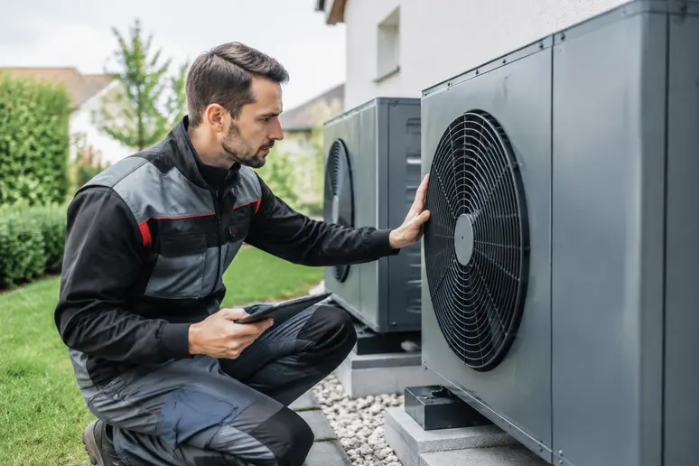 Technicien inspectant les unités d'une pompe à chaleur pour comparer les tarifs selon les technologies