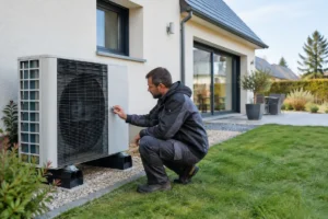 Installation et vérification d'un prix pompe à chaleur sur le mur extérieur d'une maison.
