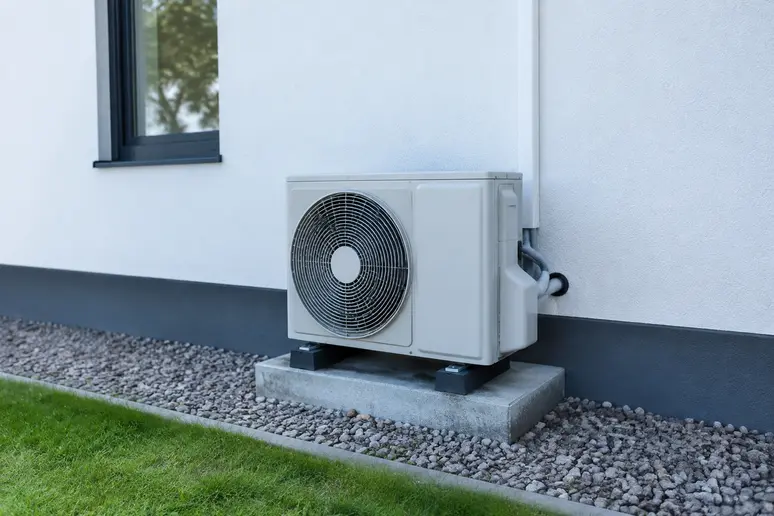 Unité extérieure d'une pompe à chaleur air-air installée contre le mur d'une maison