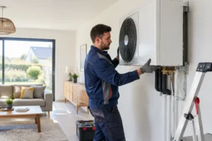 Installation d'un système de chauffage avec un prix pompe à chaleur maison 100m2 dans un salon