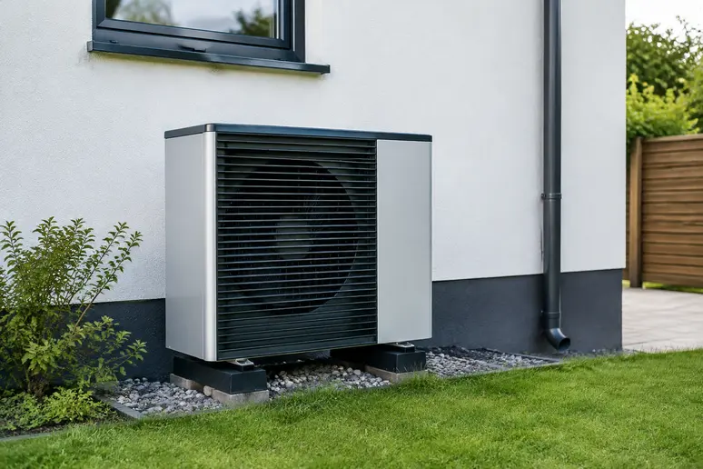 Unité extérieure de pompe à chaleur air-eau installée le long du mur d'une maison.