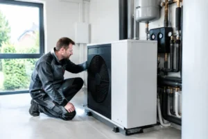 Technicien vérifiant une installation de prix pompe à chaleur maison 150m2 dans une maison