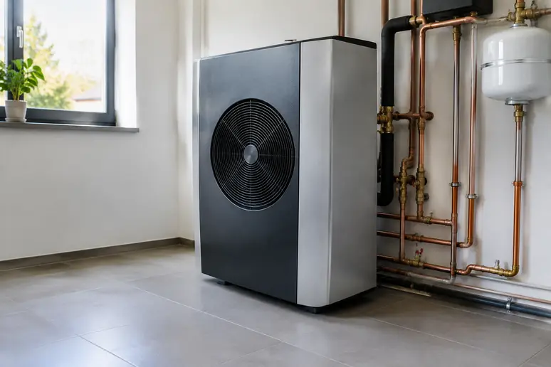 Pompe à chaleur moderne installée dans un local technique pour remplacer sa chaudière fioul