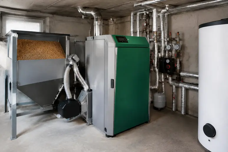 Chaudière biomasse moderne mise en place pour remplacer sa chaudière fioul dans une maison